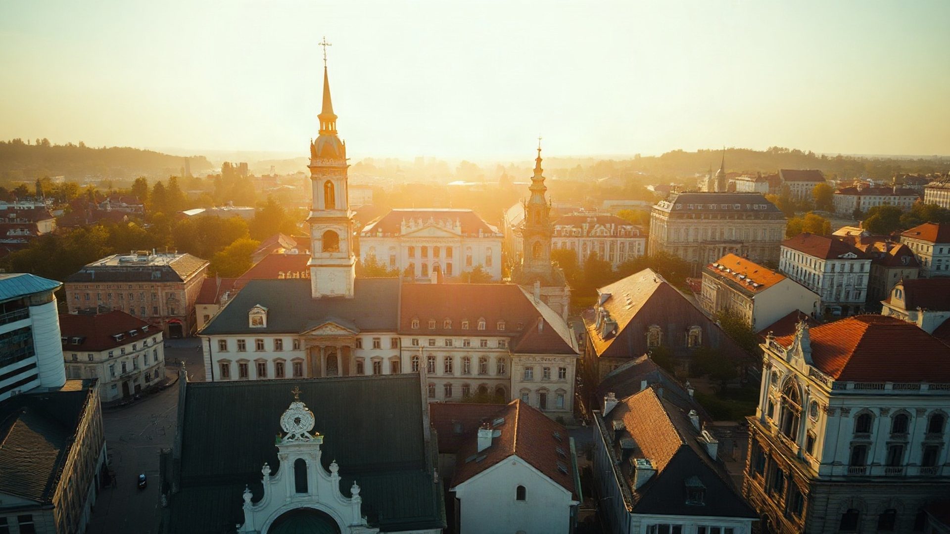 Letecký pohled na centrum Zlína za ranního světla